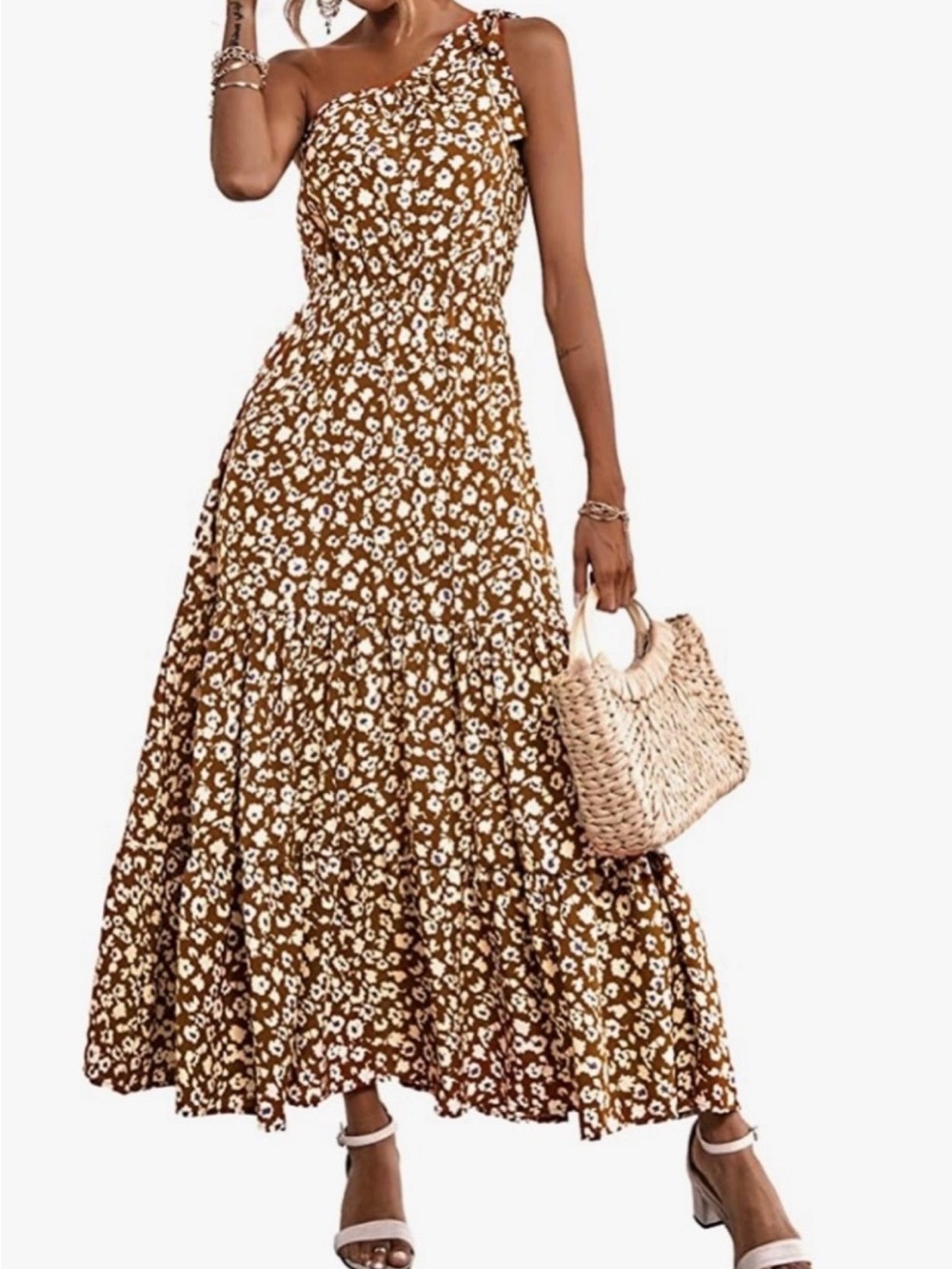 One-Shoulder Brown Floral Maxi Dress